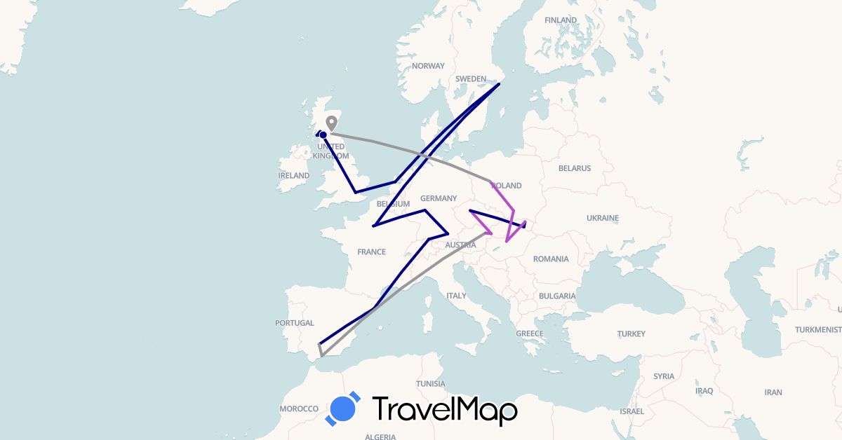 TravelMap itinerary: driving, plane, train in Austria, Czech Republic, Germany, Spain, France, United Kingdom, Hungary, Netherlands, Poland, Sweden, Slovakia (Europe)